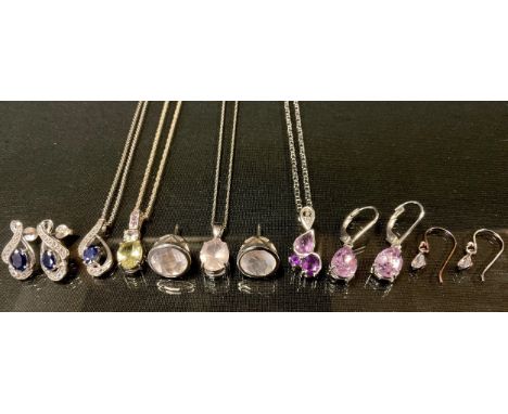 A 925 silver Rose De France Amethyst pendant necklace and earrings suite,  another sapphire and Cz, pair of earrings, 23.5g g