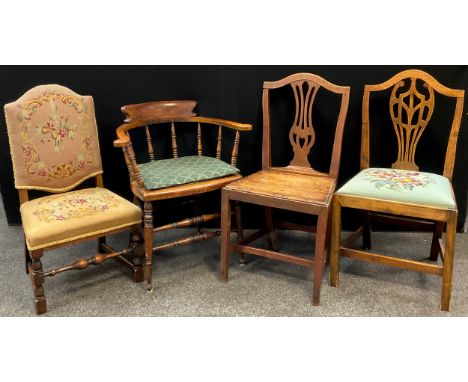 A 19th century stained Beech wood smoker’s bow armchair;  a George III Elm and oak splat back chair, and another, similar, wi