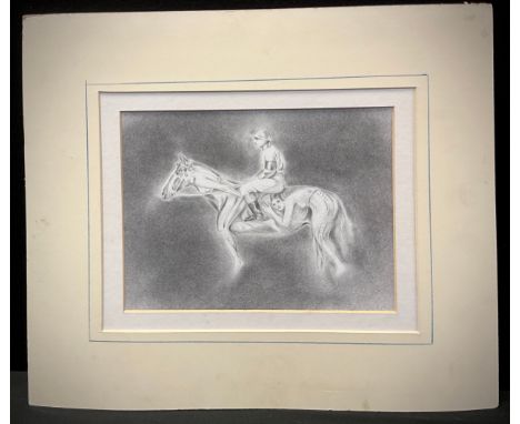 Surrealist School  - a 20th century Pencil sketch Maiden Filly Horse, with Jockey up, unsigned, 19.5cm x 26cm. 