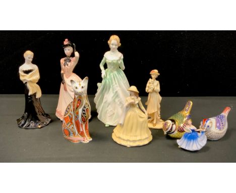A Royal Crown Derby cat, Gold crest and Blue tit, all silver stoppers, A Royal Doulton figure ‘ Grace’ HN3699, Coalport ‘Chan
