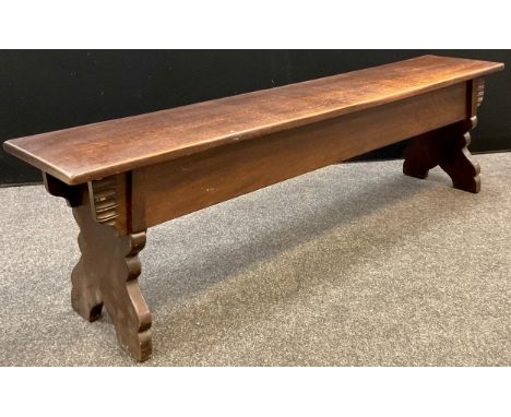 A 19th century style oak chest bench, single oak plank hinged seat, lifting to coffer compartment, 47cm high x 164.5cm wide x