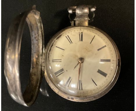 A George IV silver pair cased pocket watch, by Josh Slack, Ipstones [Staffordshire], 4.5cm cream enamel dial, bold Roman nume