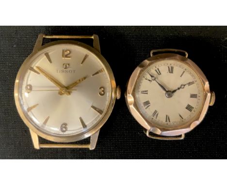 A Tissot 9ct gold cased wristwatch head, brushed silvered dial, Arabic numerals and arrow baton markers, stem wind 781 cal 17
