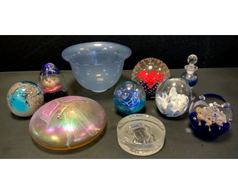 Paperweights including a Michael Harris paperweight, 9cm high, others similar; Studio glass including iridescent compressed p