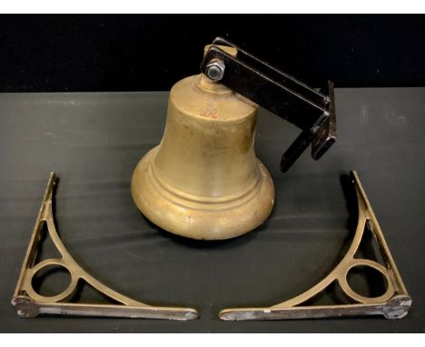 A large brass wall mounting school bell, from a North Derbyshire school possibly Clay Cross, GvR cast cypher, 30cm drop, 25cm