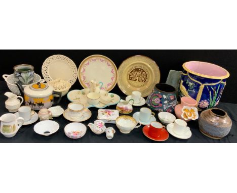 Ceramics - Royal Crown Derby ‘Posie’ pattern trinket bowl , tea strainer, other, Belleek jug, a basket weave strawberry dish,