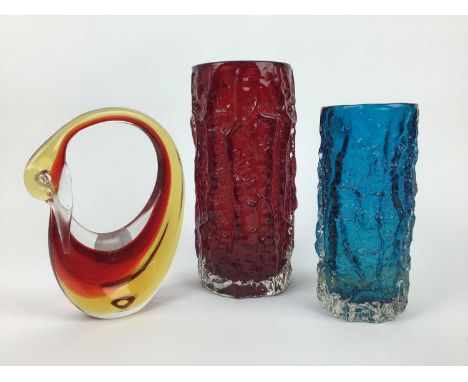 Whitefriars ruby red bark vase designed by Geoffrey Baxter, 23cm high, another kingfisher blue bark vase (af) and a coloured 