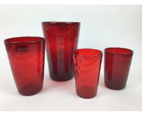 Four Whitefriars Ruby red wave ribbed vases, 25cm, 20cm, 15.5cm and 15cm
