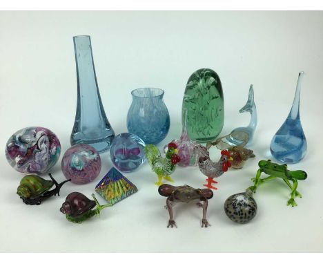 Victorian green glass dump weight, other paperweights including Caithness plus coloured glass animal ornaments