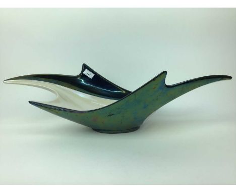 Large Art Deco ceramic black and cream table centre, with impressed marks Made in France, numbered 6765-70, 21cm high, 70cm w