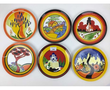Seventeen Wedgwood Clarice Cliff plates - Etna, Red Tree, Garden Blue, Tulip, Summerhouse, Monsoon, House and Bridge, Fantasq