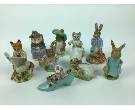 Five Beswick Beatrix Potter figures - Benjamin Bunny, Tabitha Twitchett, The Old Woman who lived in a Shoe, Mrs Flopsy Bunny 