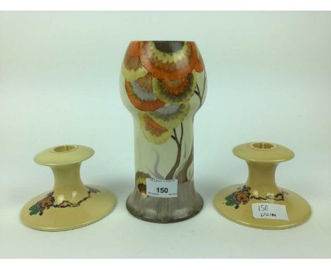 Clarice Cliff vase decorated in the Rhodanthe pattern, 20.5cm high and a pair of Clarice Cliff candlesticksCondition report: 