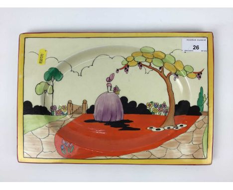 Clarice Cliff Royay Staffordshire The Biarritz Applique rectangular plate decorated with a lady in purple dress, 31cm x 21cmC