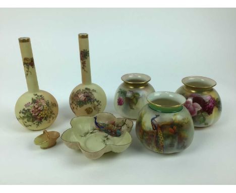 Selection of Royal Worcester including pair of slender neck bottle vases, miniature basket etc, 7 piecesCondition report: One