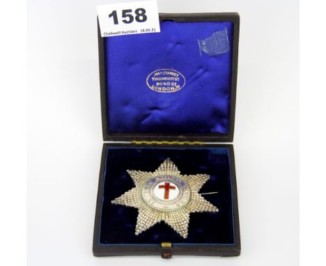 A cased hallmarked silver and enamel Knights cross c. 1853, 7cm.