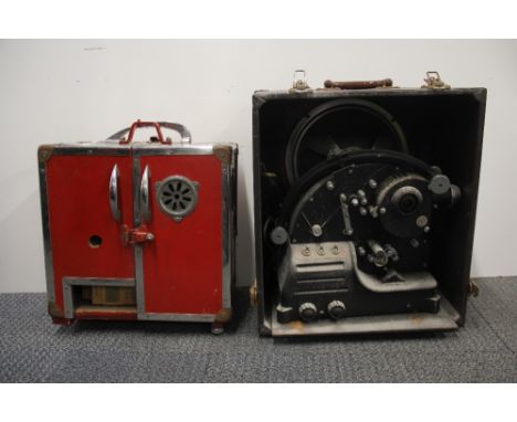 A vintage cased projector together with an empty projector box containing 9.5mm cinefilms.