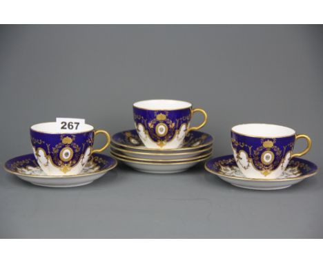 Three Royal Crown Derby gilt decorated teacups with six saucers, one cup A/F.