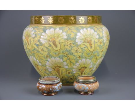 A Doulton Slaters Patent planter together with two Doulton Lambeth salts, planter H. 19cm, Dia. 24cm. Condition : no visible 