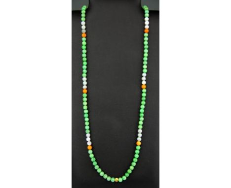 A single strand necklace of mixed colour jade beads, bead size 7.5mm. Necklace L. 80cm.
