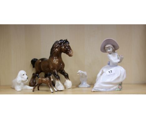 A group of five porcelain figures including Beswick, Lladro and Nao, tallest H. 21cm.