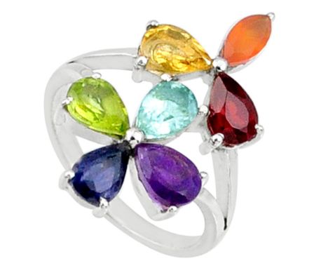 A 925 silver ring set with sapphire, amethyst, peridot and other semi precious stones, (P.5).