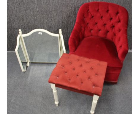 A button backed red upholstered boudoir chair together with a similar footstool and a free standing white painted dressing mi