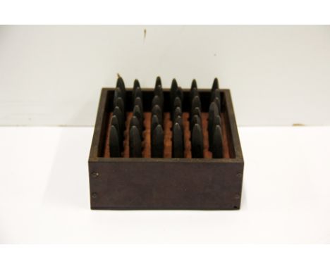 A box of 1930's engineers die tap tools, letters and numbers, box size 13cm x 12cm x 7cm.