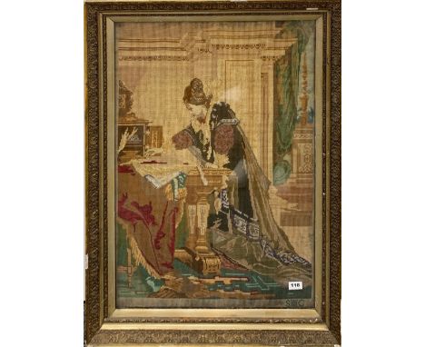 A large 19th Century gilt framed tapestry of a lady, frame size 71 x 94cm.