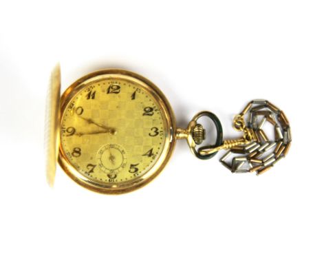 A 14ct gold outer cased pocket watch with engine turned decoration, ticking but not in full working order. Weight - approx. 9