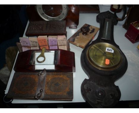 A BAROMETER, blotter, bus tickets, carved box etc