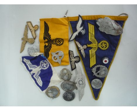 A COLLECTABLE GERMAN 3RD REICH WWII ERA, number of badges, patches and car bonnet flag consisiting of U Boat War Badge (belie