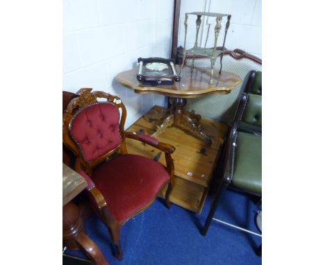 A RED UPHOLSTERED ARMCHAIR, Italian style coffee table, brass fender, two tier stand and a wall clock (5)