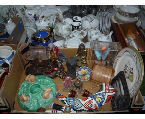 TWO BOXES OF TEAWARES, (Royal Albert, oriental etc), and sundries to include cased butterflies, cigarette dispenser, beaded t