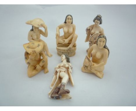 SIX NETSUKE, all of women posing, largest netsuke 6cm x 3cm, all signed