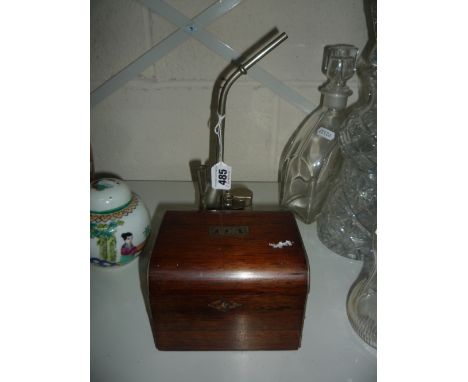 A WHITE METAL OPIUM PIPE, and a small tea caddy (2)