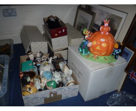 SEVEN BOXED COLLECTORS DOLLS, a boxed novelty Winnie the Pooh item, novelty teapots, pictures etc
