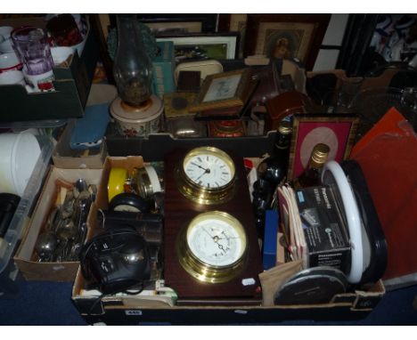 FOUR BOXES OF SUNDRIES, to include barometer, pictures, binoculars, clocks, oil lamp, tins, cutlery etc