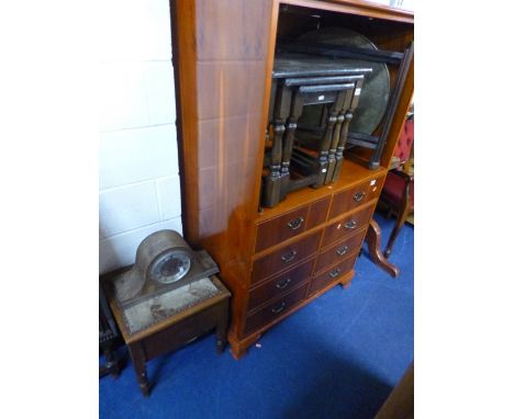 AN OAK NEST OF THREE TABLES, folding brass tray top table, oak cased mantle clock and a commode (4)
