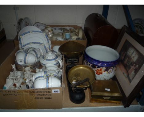 TWO BOXES AND LOOSE CERAMICS, SCALES, SINGER SEWING MACHINE, PICTURE, JARDINIERE, etc, to include Royal Albert 'Orient' tease