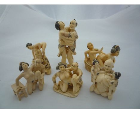 SIX NETSUKE, all of erotic form, largest netsuke measuring 8cm x 3cm, all signed