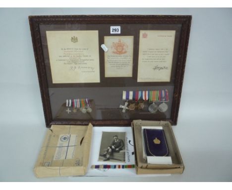 A GLAZED FRAME CONTAINING A WWII GROUP OF FIVE MEDALS, together with period group of miniatures, medals consist of GRI Milita