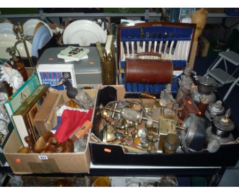 TWO BOXES AND LOOSE SUNDRY ITEMS, to include part canteen of cutlery, Korting tape recorder, books, metalwares, cased bowls, 