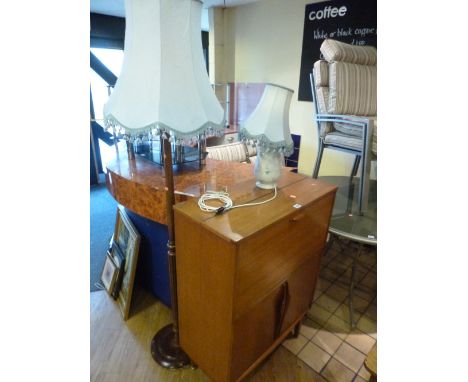 A TEAK DRINKS CABINET, standard lamp with shade and a table lamp with shade (3)