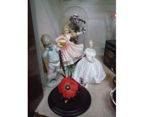 TWO ROYAL DOULTON FIGURES, 'Daddy's Joy' HN3294 (certificate), 'Heather' HN2956, a Ballantynes of Walkerburn Scottish Piper f