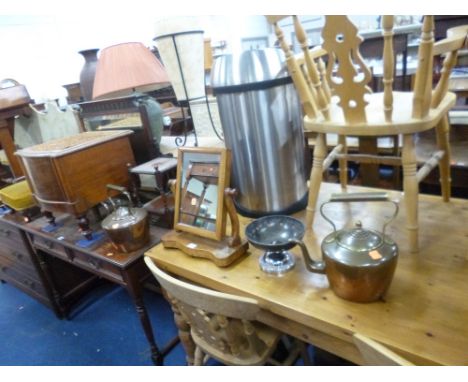 A SMALL VICTORIAN SWING MIRROR, commode, stool, tall lamp, two copper kettles and a bowl (7)