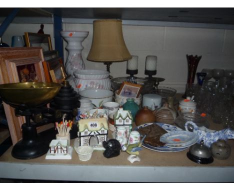 VARIOUS CERAMICS, GLASS, PICTURES, SCALES, etc, to include Coalport houses, Studio Pottery, Worcester etc