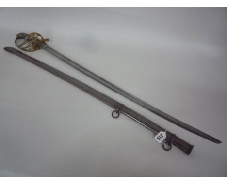 VICTORIAN BRITISH 1822 PATTERN OFFICERS SWORD, steel scabbard, two loose rings, brass proof disc and folding inner guard