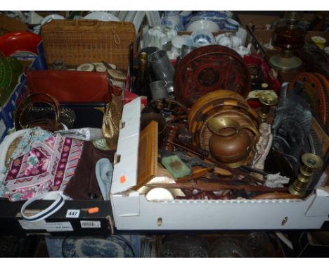 THREE BOXES AND LOOSE SUNDRY ITEMS, to include handbags, dressing table set, suitcase, clock, wooden items, metalware etc