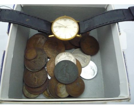 A SMALL BOX OF MISCELLANEOUS, to include coins and a Rotary watch